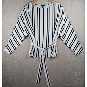ELOQUII Blouse Top Plus Sz 18 Striped Long Sleeve Sheer Tie Waist Front